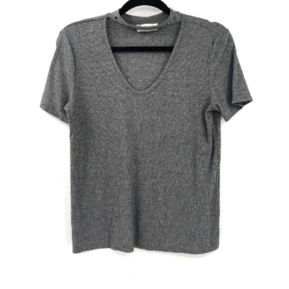 LAVENDER FIELD Choker Neck Top Grey Short Sleeve Stretch Top Ribbed Knit Studs